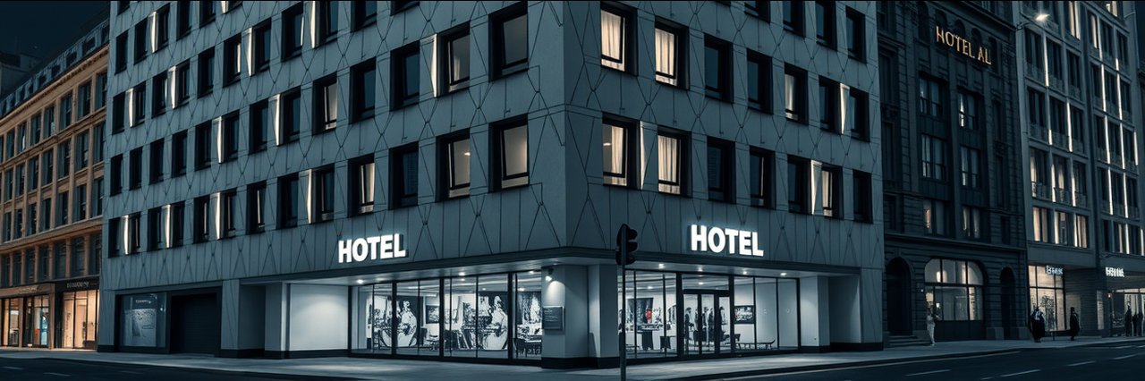 Boutique hotel Bristol with geometric facade and night city lights.