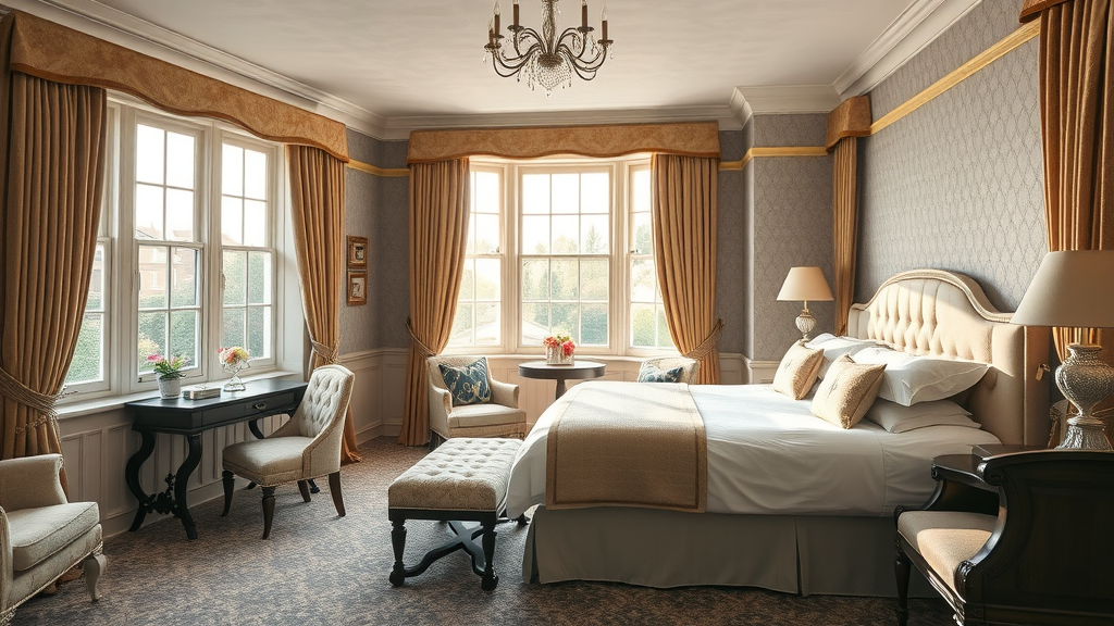 Spacious Georgian hotel bedroom blending historic charm and modern comfort