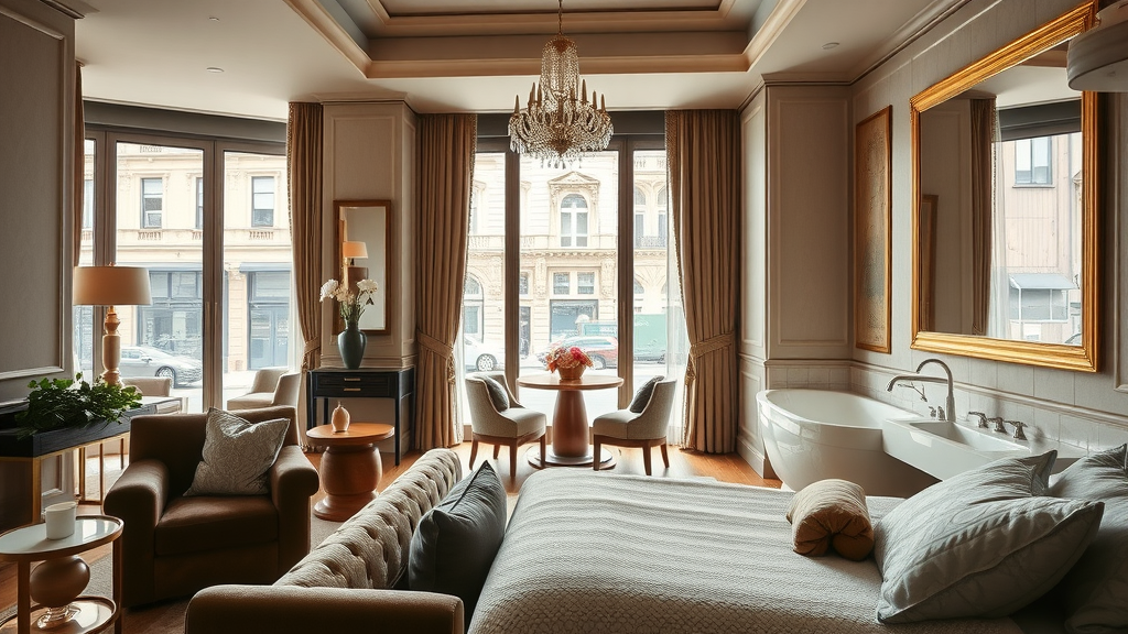 Luxury urban hotel suite with velvet décor and Bristol cityscape window view