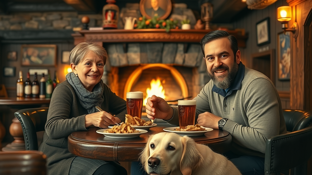 Dog friendly pub interior with family dining and happy golden retriever