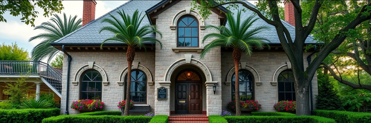 Elegant central Truro accommodation with stone façade, flower baskets, and palm trees.