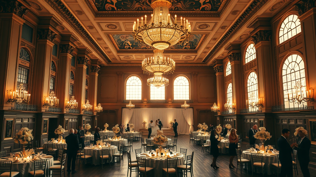Historic luxury hotel event hall with chandeliers and elegant wedding reception