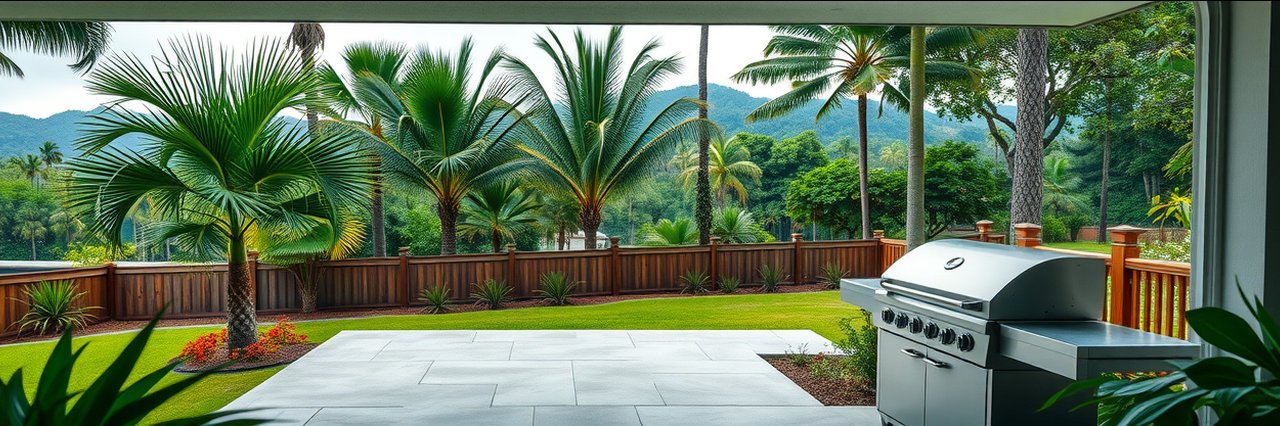 Truro tourist base lush palm garden view with patio and hills scenery