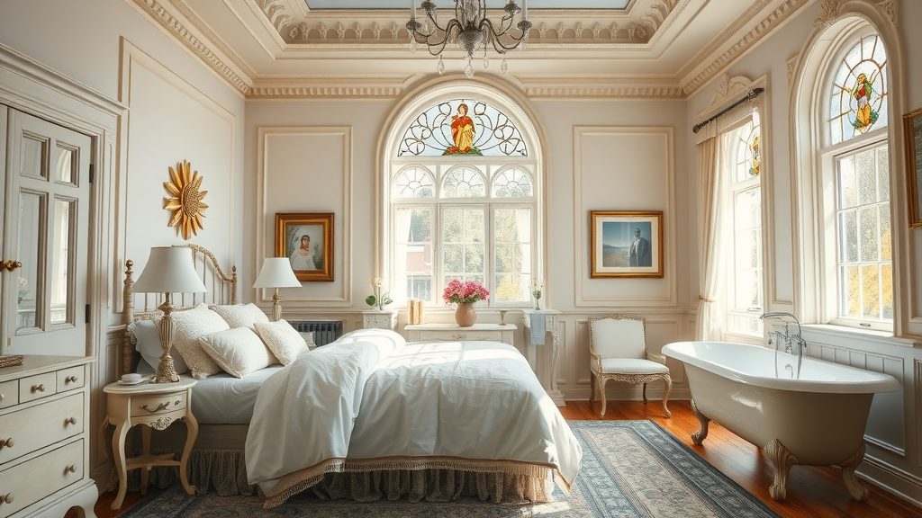 Victorian ensuite room with period detail, stained glass, and private bath