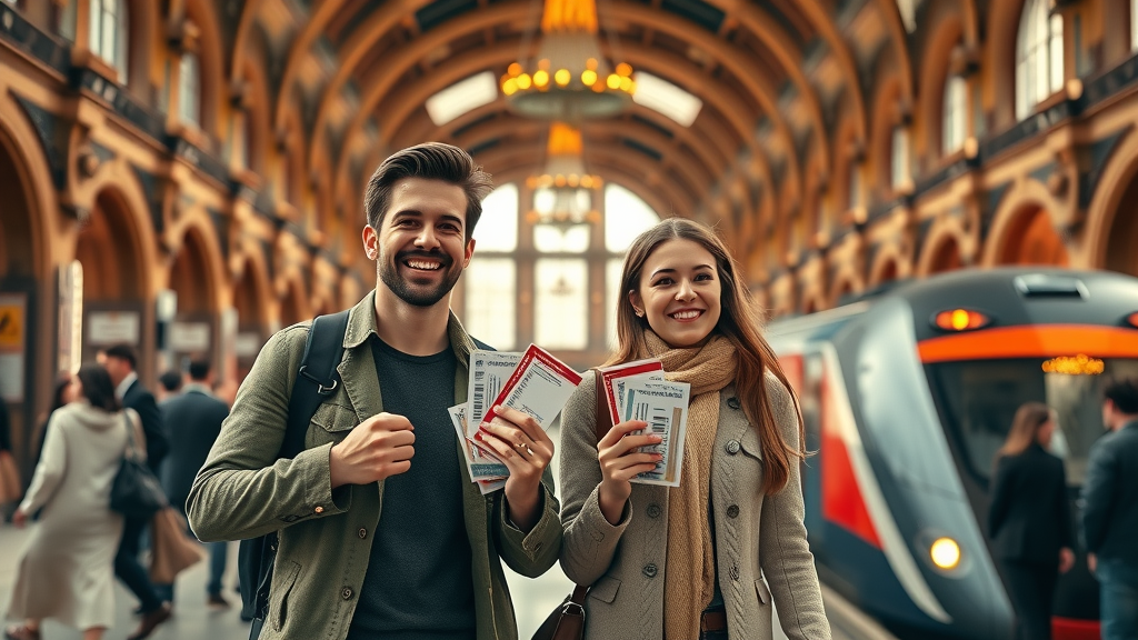 Young couple with theatre and rail packages at busy UK train station