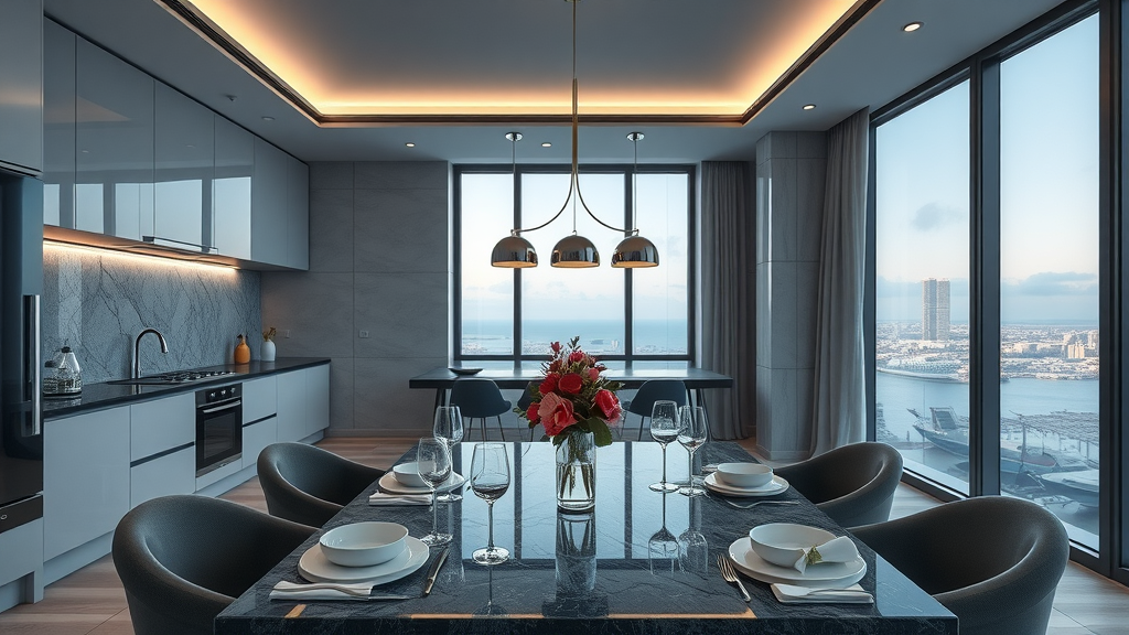 Modern kitchen and dining area in a luxury serviced apartment