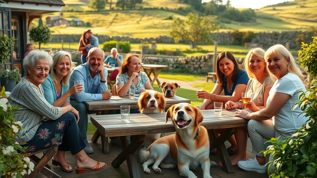 Dog friendly pub terrace with people and dogs enjoying countryside views