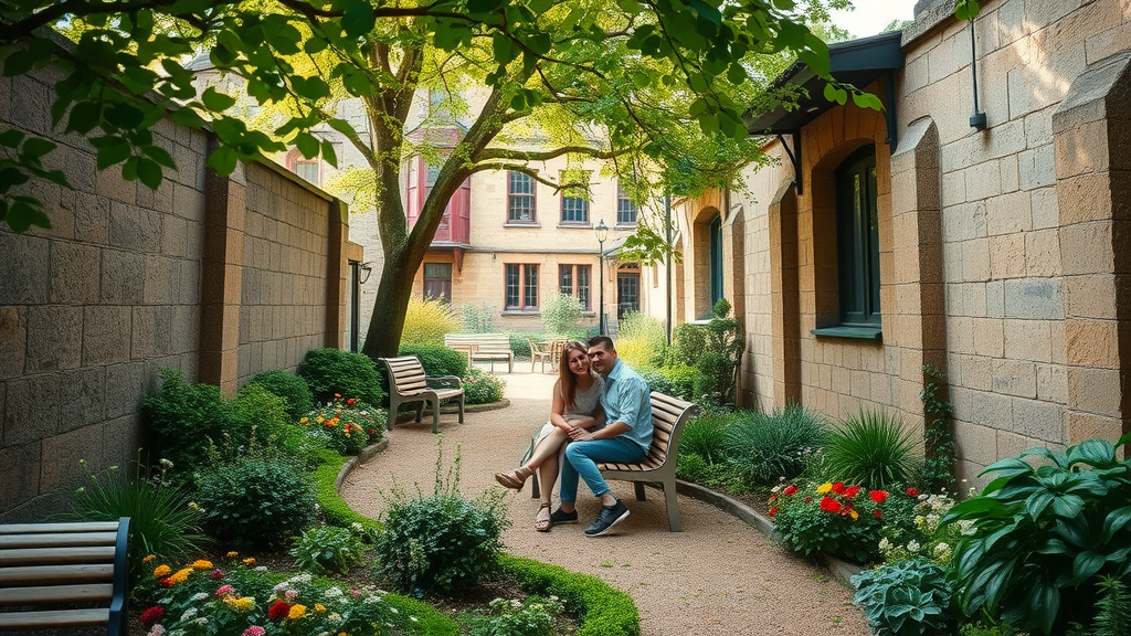 Hidden garden near Bristol tourist attractions with couple relaxing in lush greenery.