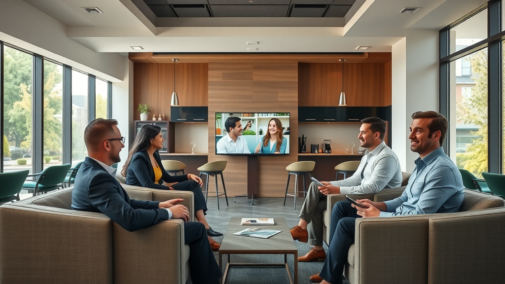 Flexible hybrid meeting facilities with video conferencing in a welcoming modern lounge