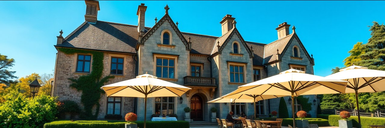 Historic English manor with patio umbrellas for aa rosette dining under clear sky