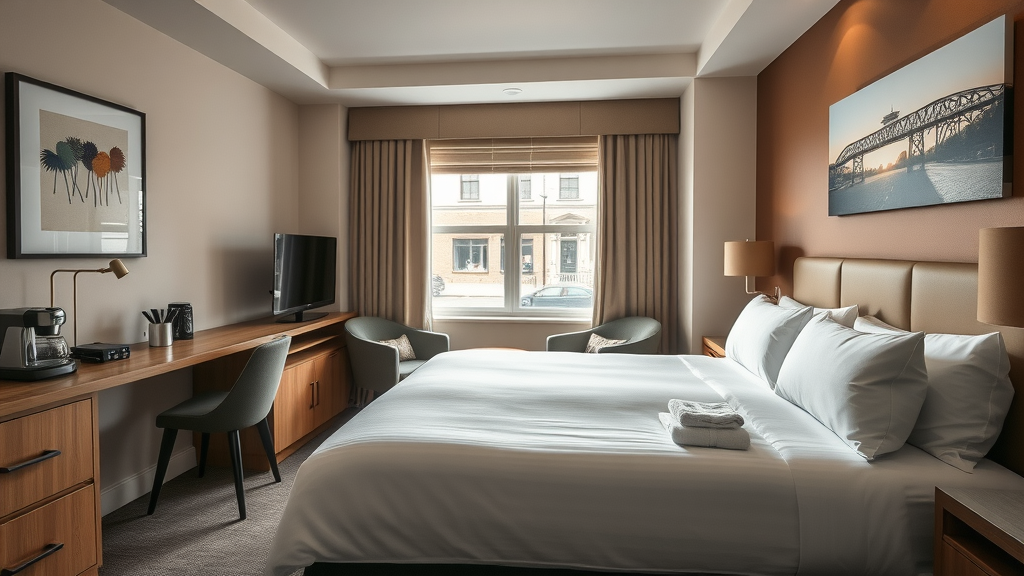Cozy central Plymouth accommodation room with modern amenities and street view