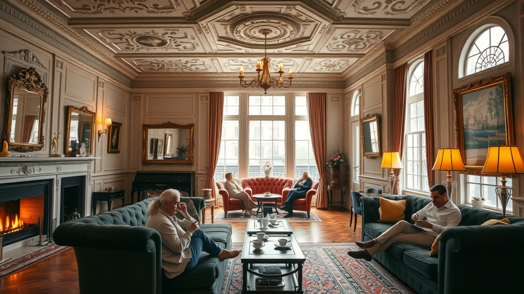 Elegant Georgian hotel lounge with guests and classic luxury interior