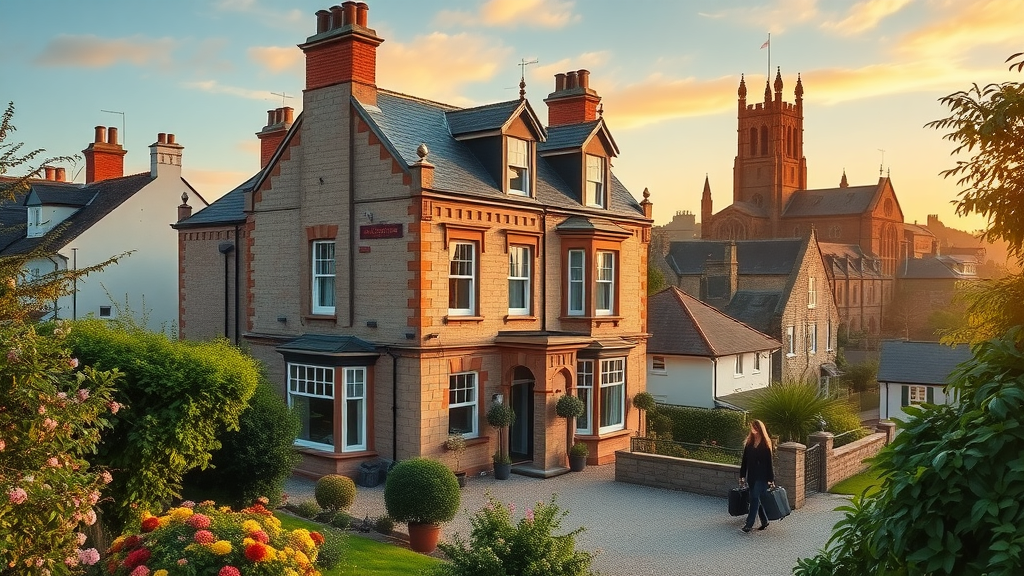 Truro tourist base guest house with lush garden and cathedral backdrop sunset