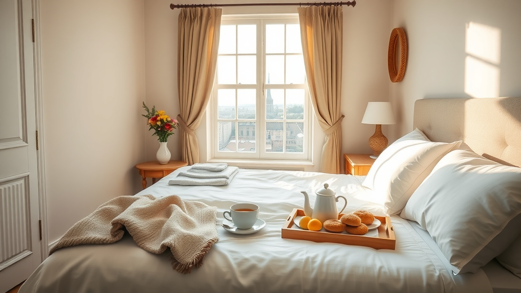 Sunny guest house room with breakfast tray and Plymouth view