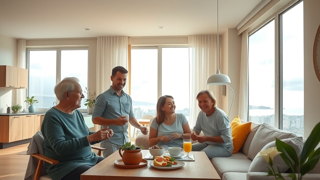Happy family enjoying breakfast in a stylish self catering accommodation with sea view