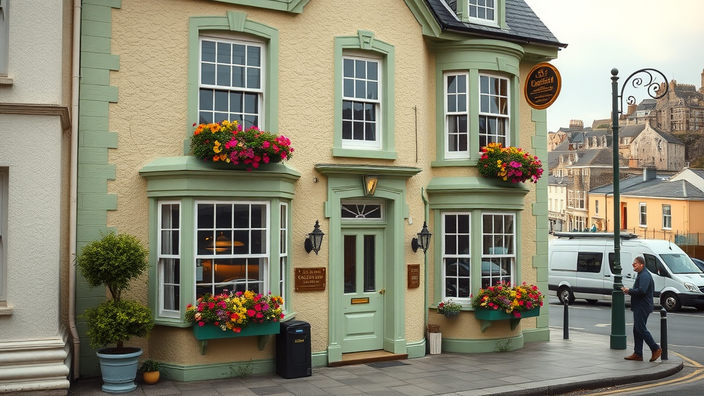 Inviting Victorian guesthouse in Plymouth with flower boxes and coastline view