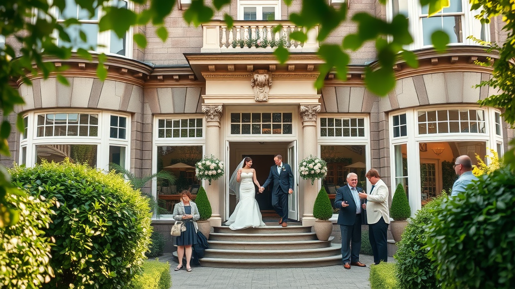 Hotel wedding venue exterior with newlyweds and guests in natural daylight