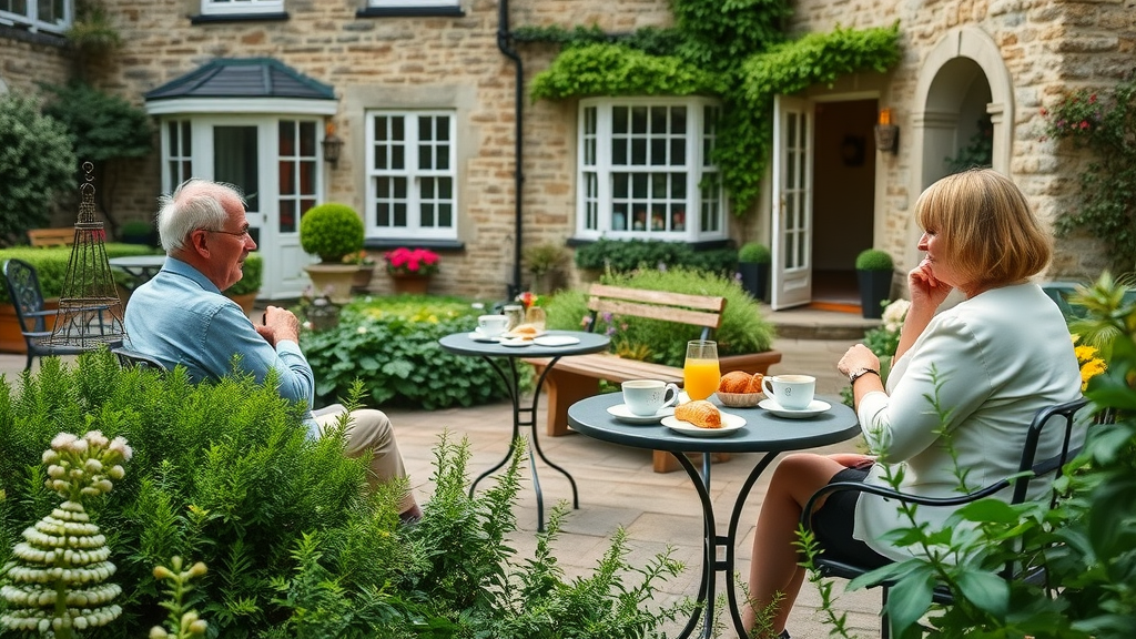 Central Truro accommodation garden with al fresco breakfast setting