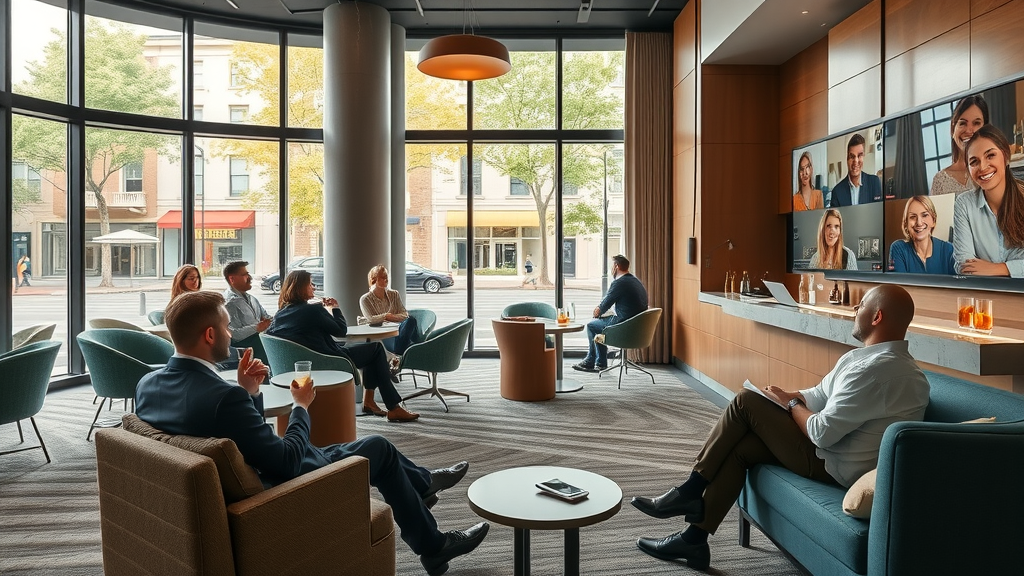 Hybrid meeting facilities in a comfortable hotel environment with modern tech and relaxed areas