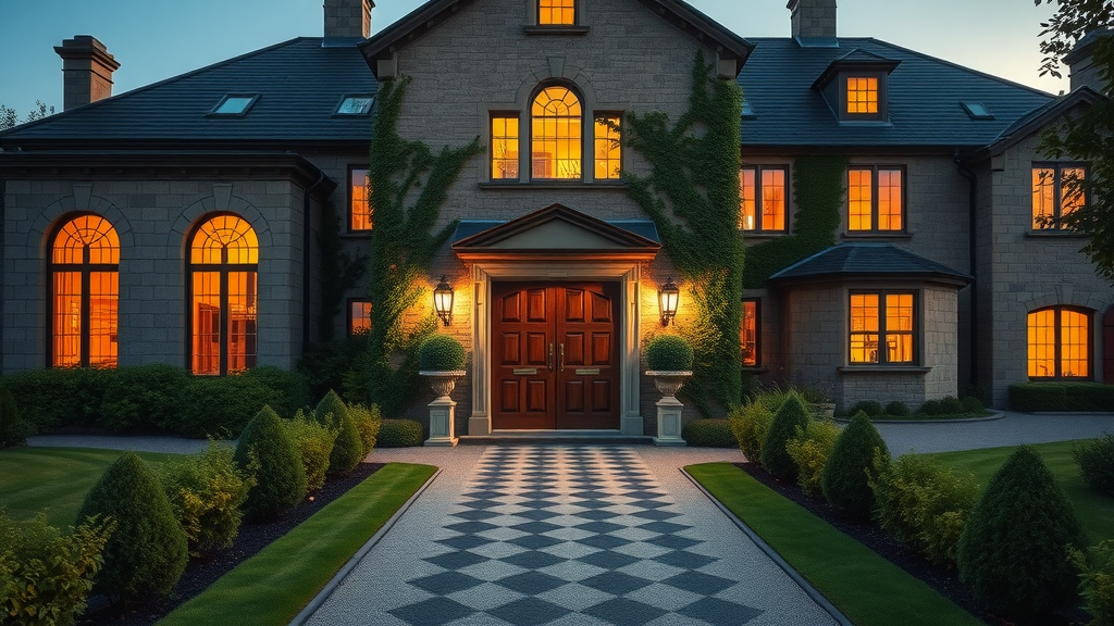 AA rosette dining hotel exterior with glowing historic charm and lush gardens.