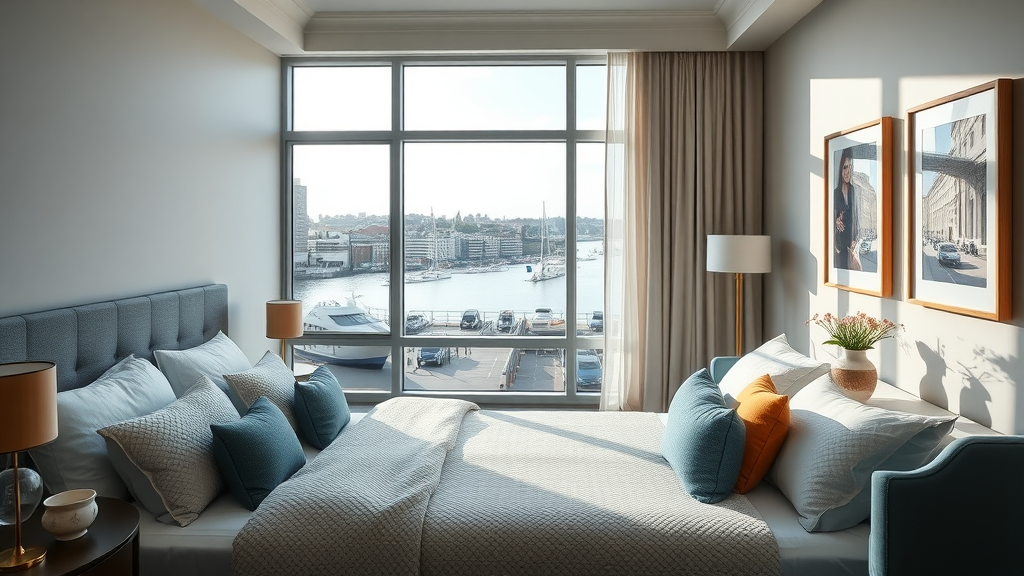Boutique hotel Bristol guest room overlooking city and harbourside in sunlight