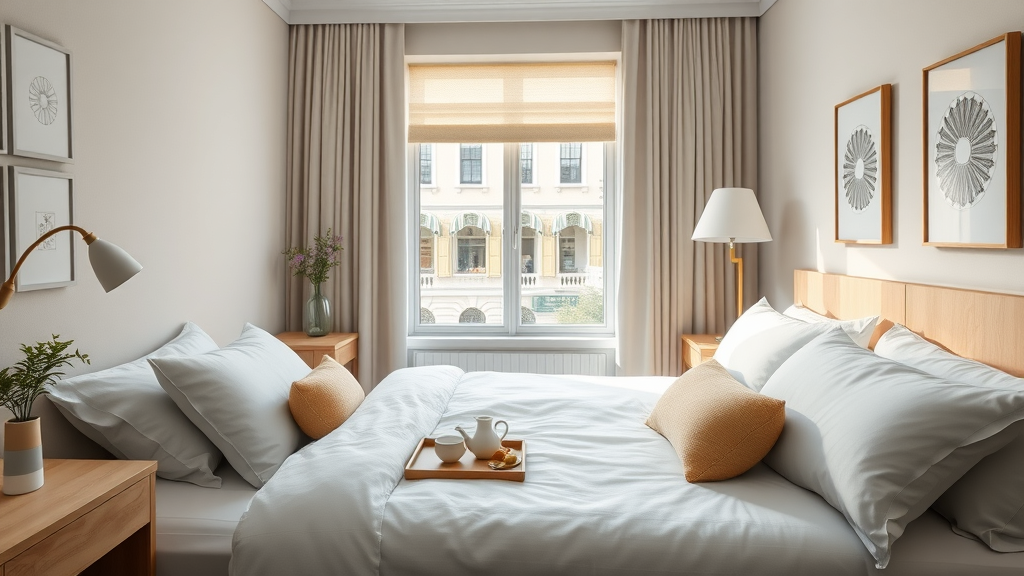 Bright Plymouth guest accommodation room with fresh linens and city views