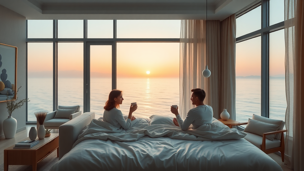 Couple savoring coffee in bright self catering accommodation with ocean sunrise view