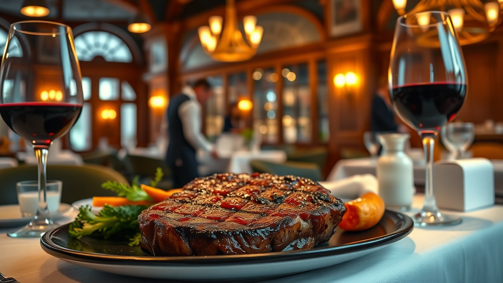 On-site steakhouse dining experience at elegant Bristol hotel restaurant.